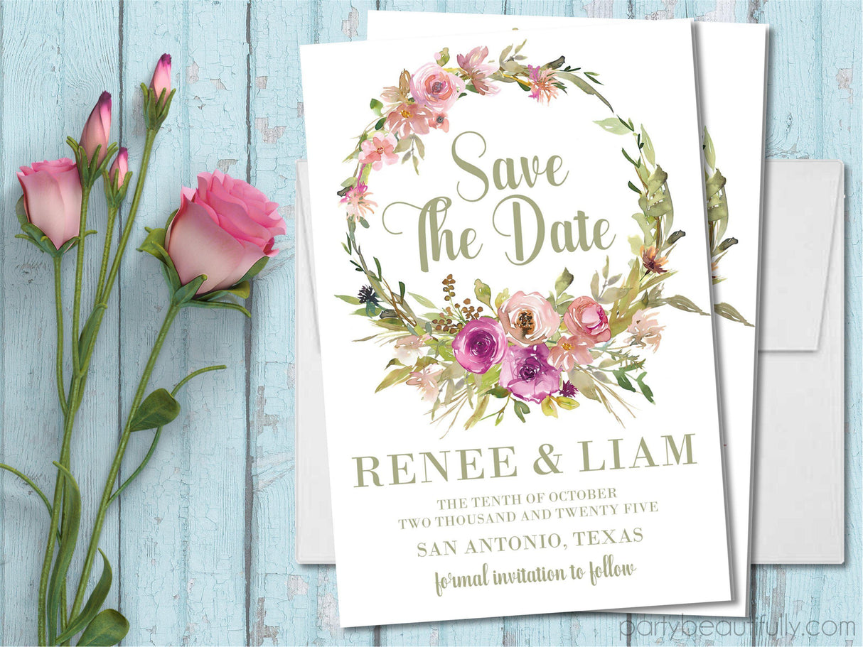 Sage green pink wedding save the date cards