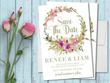 Sage green pink wedding save the date cards