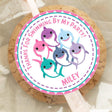 Shark family party favor label in bright colorful design