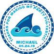 Shark fin birthday sticker with blue wave illustration