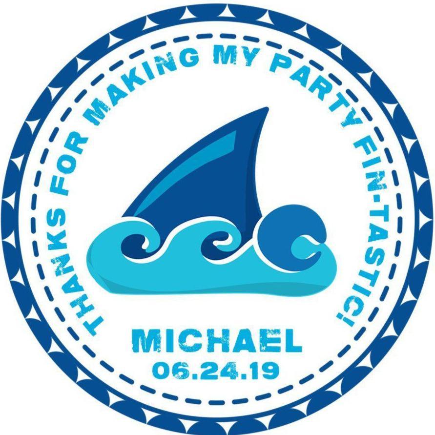 Shark fin birthday sticker with blue wave illustration