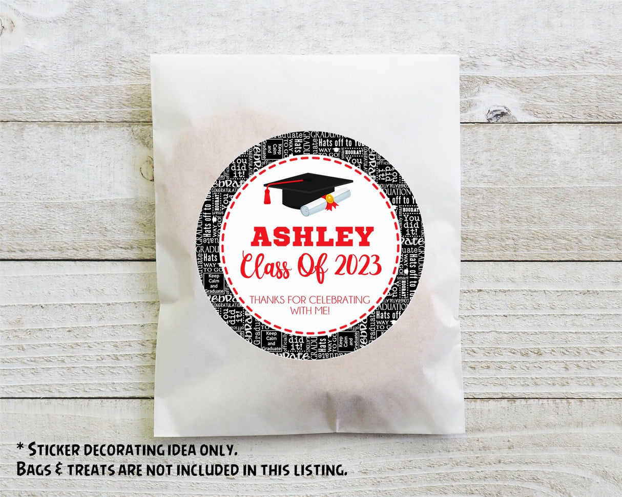 Sheet of red and black graduation stickers – word-pattern background