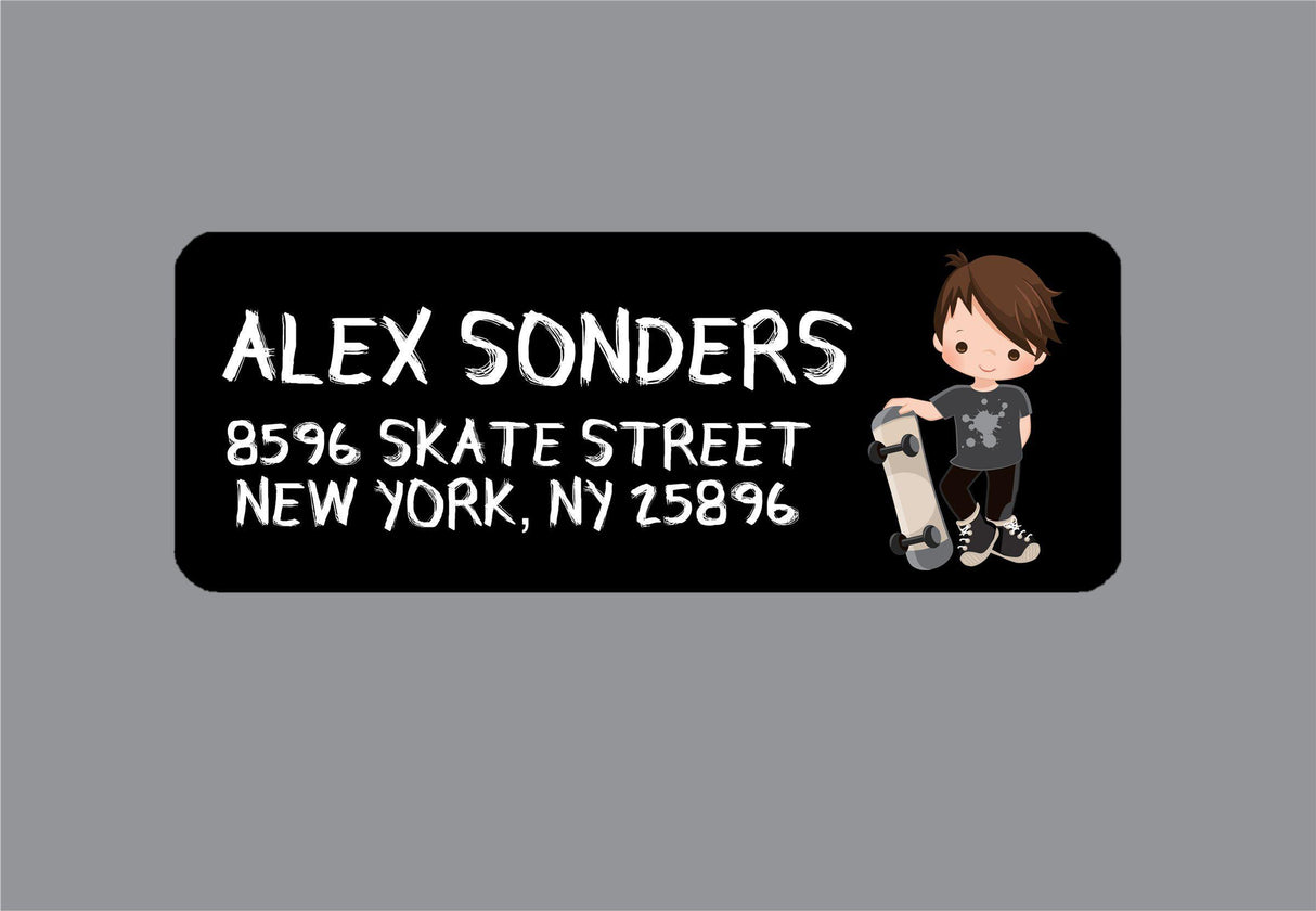 Skateboard address labels for boys with skater illustration and personalized name