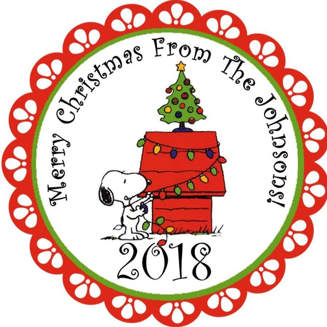 Snoopy Christmas sticker with doghouse and holiday lights