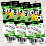Soccer ticket invitation featuring soccer ball artwork and soccer field design