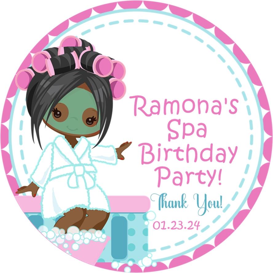 Spa party favor label featuring character with rollers