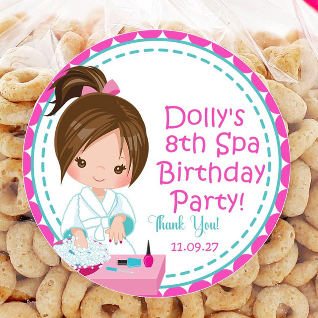 Spa party favor label in pink and turquoise with custom name