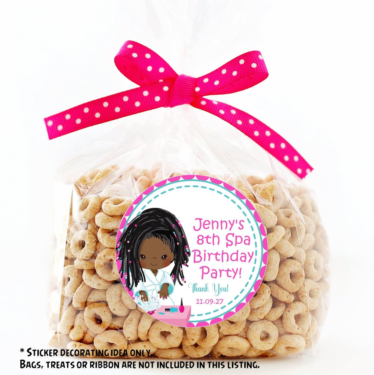 Spa party stickers in pink and turquoise with custom name