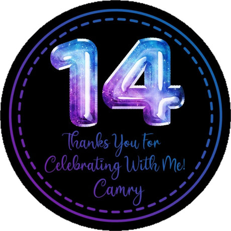 Space themed birthday sticker with custom name and age design