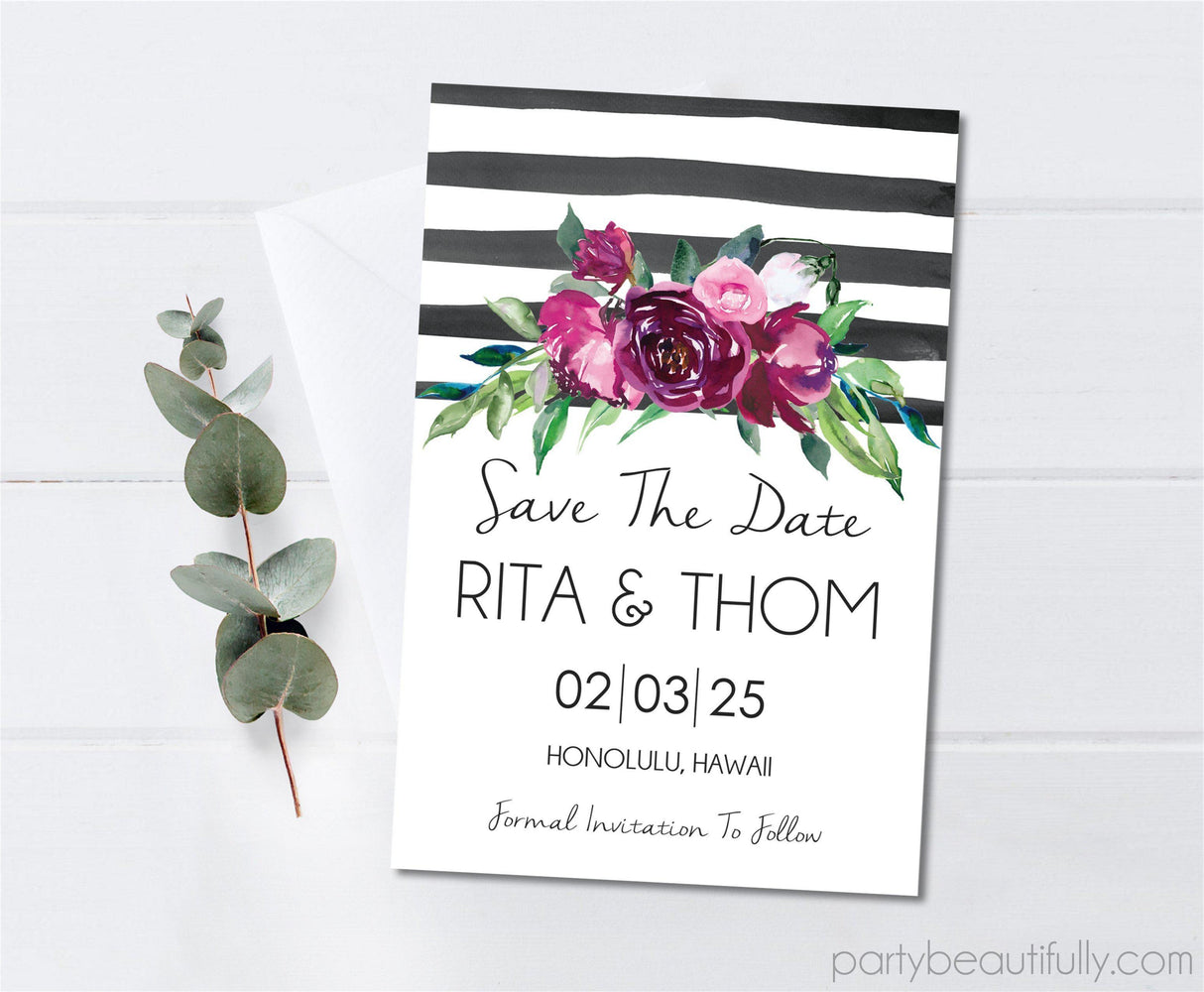 Spade black white purple wedding save the date