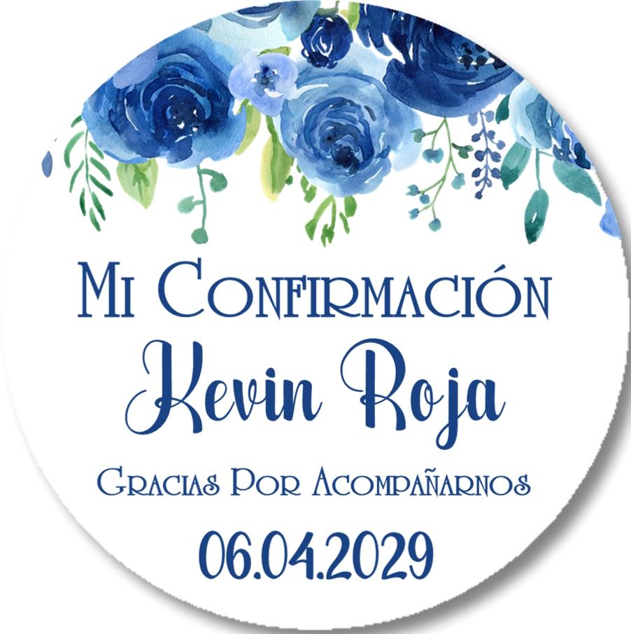 Spanish Confirmation favor label with navy blue flowers