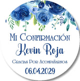 Spanish Confirmation favor label with navy blue flowers