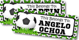 Sports themed school name sticker with soccer design