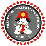Spotted puppy fire truck party favor label