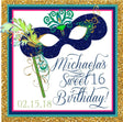 Square multi-color masquerade Sweet 16 sticker with printed gold glitter border