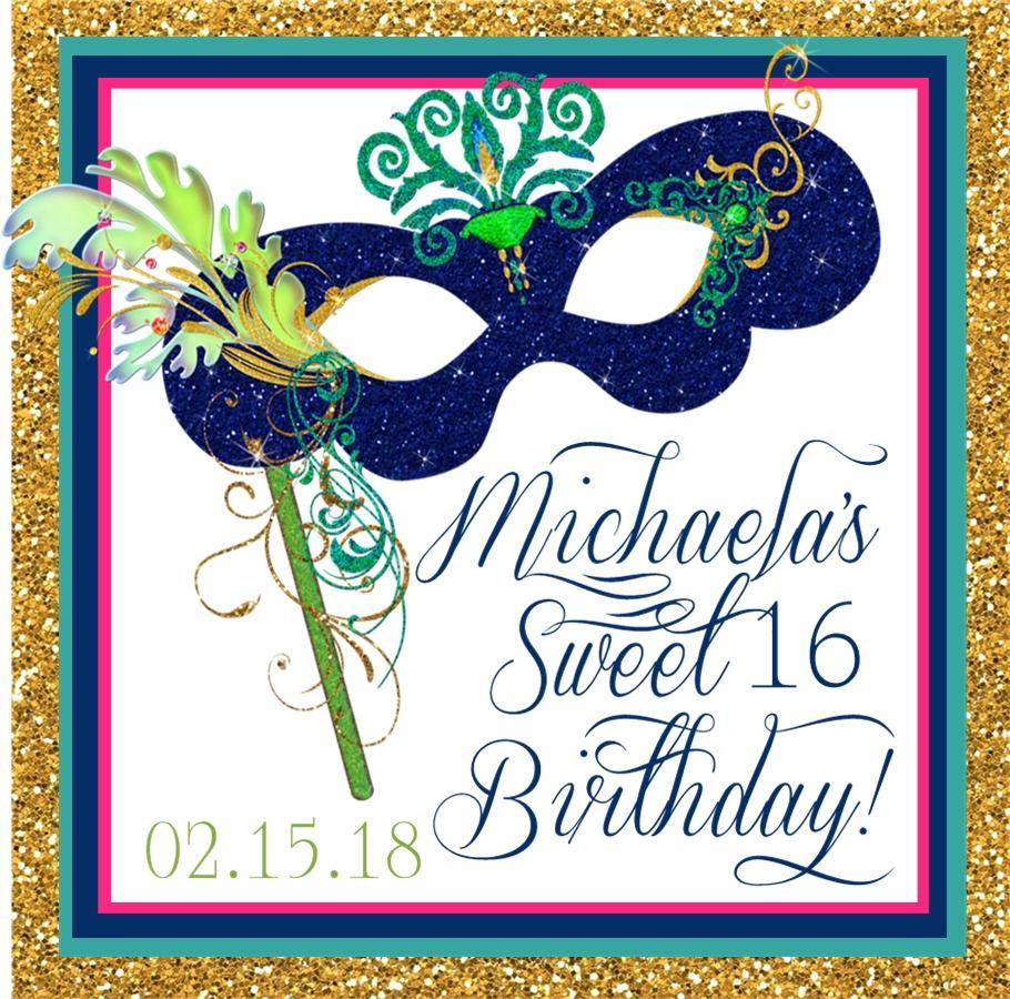 Square multi-color masquerade Sweet 16 sticker with printed gold glitter border