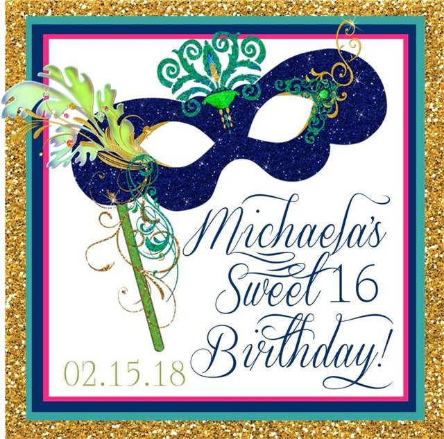 Square multi-color masquerade Sweet 16 sticker with printed gold glitter border