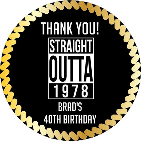 Straight Outta themed birthday favor label