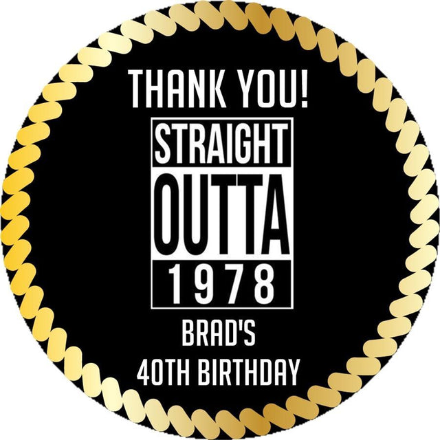 Straight Outta themed birthday favor label