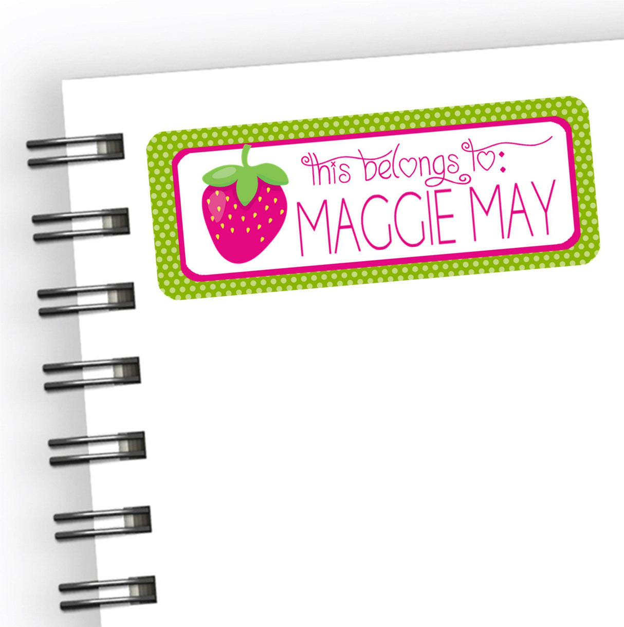 Strawberry back to school name labels with pink polka dot border