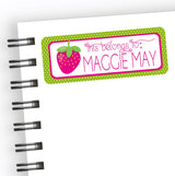 Strawberry back to school name labels with pink polka dot border