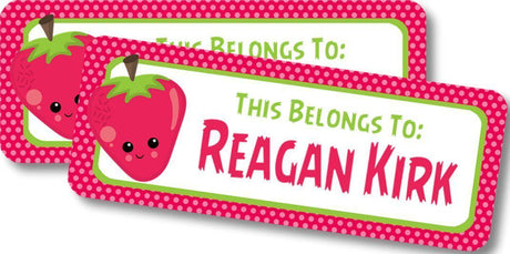 Strawberry back to school name labels with red pink and green design