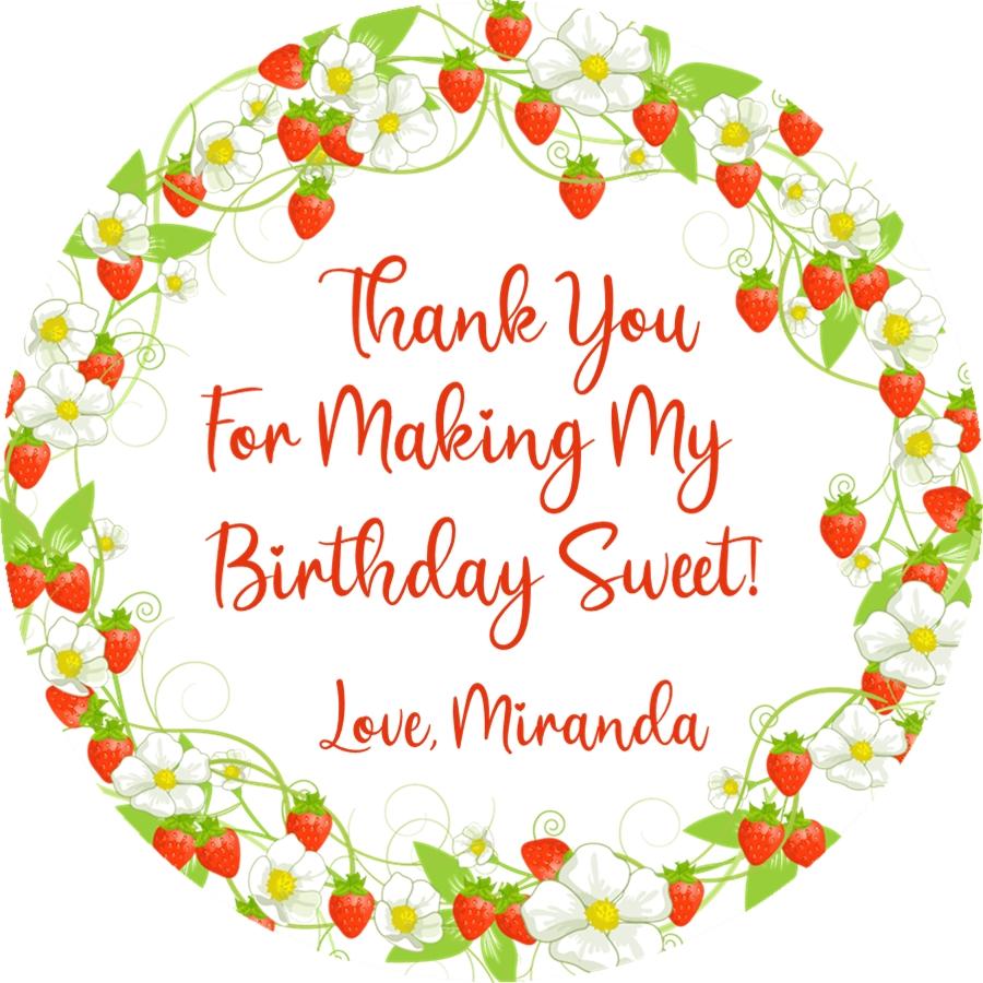 Strawberry wreath birthday sticker with personalized text