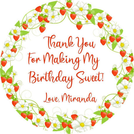 Strawberry wreath birthday sticker with personalized text