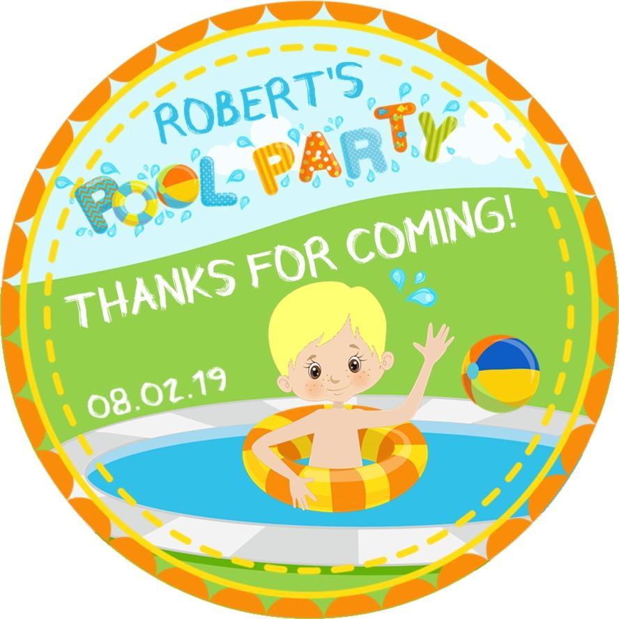 Summer splash party favor label in blue and orange
