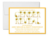 Sunflower gender reveal invitation with floral letter accents