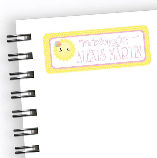 Sunshine back to school name label with floral sun illustration