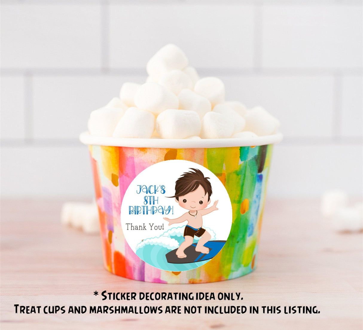 Surf party favor label in blue and tropical colors