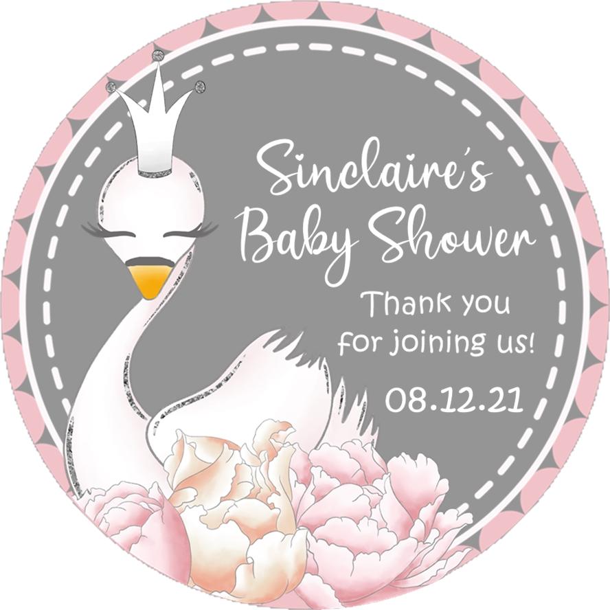 Swan princess baby shower sticker with floral design