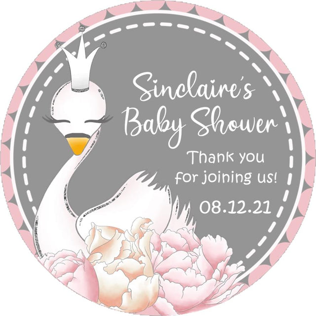 Swan princess baby shower sticker with floral design