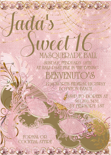 Sweet 16 Pink Masquerade Birthday Party Invitations