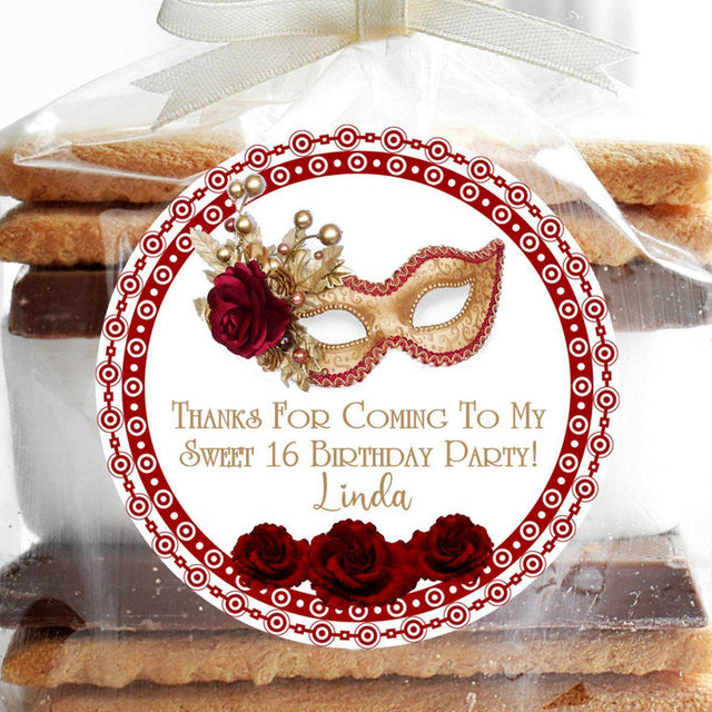 Sweet 16 red and gold masquerade sticker with printed glitter border