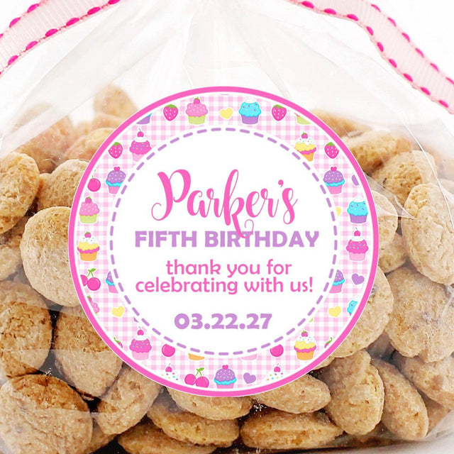 Sweet bakery theme birthday sticker with cupcakes