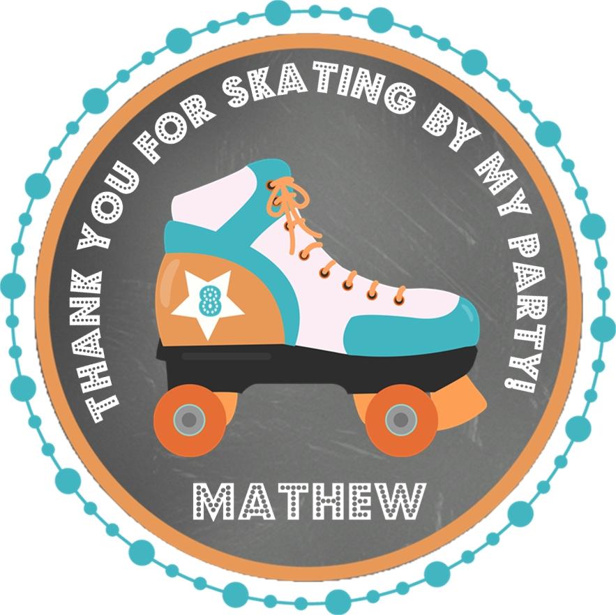 Teal and orange roller skating birthday sticker with retro skate