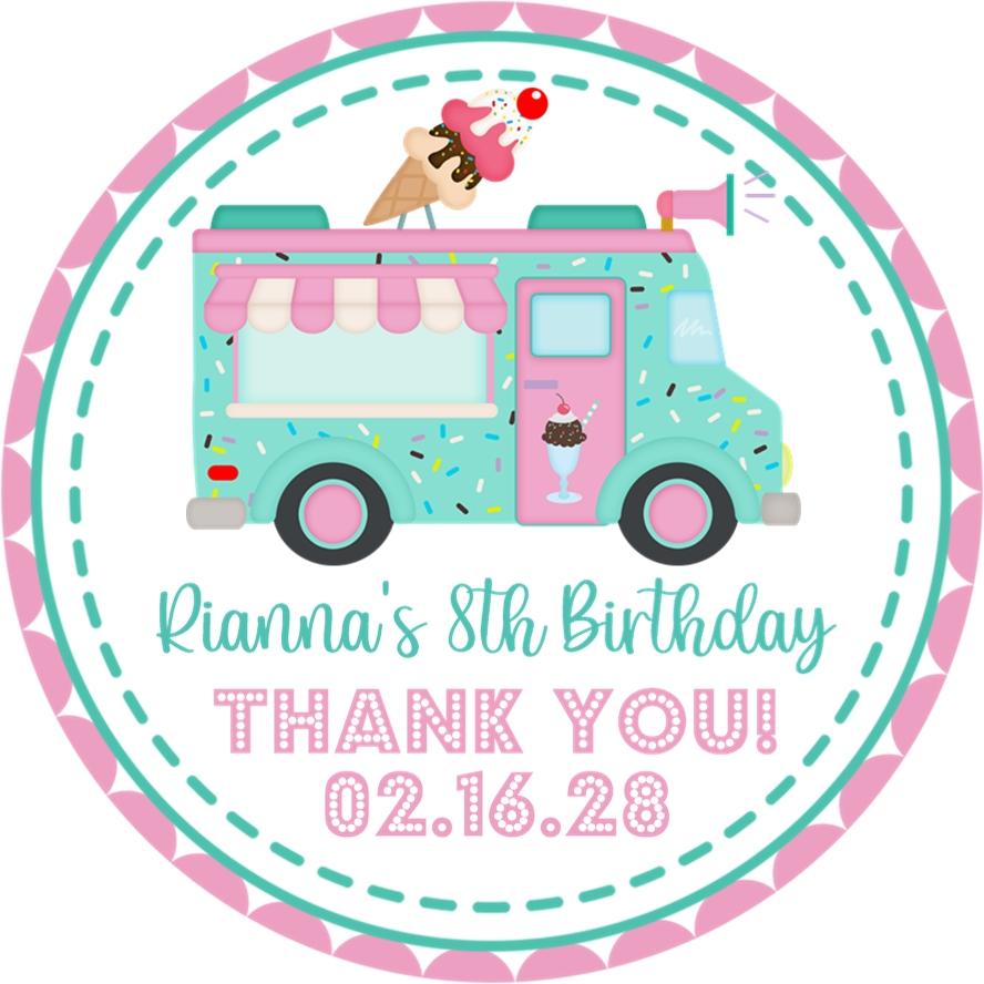 Teal and pink ice cream truck birthday sticker with sprinkles