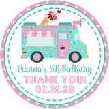Teal and pink ice cream truck birthday sticker with sprinkles