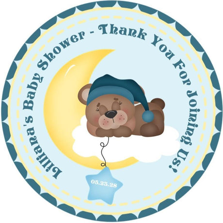 Teddy bear baby shower sticker with moon and hanging star design