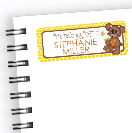Teddy bear school supply label with honey jar design