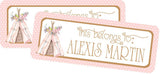 Teepee themed school supply label with soft boho design