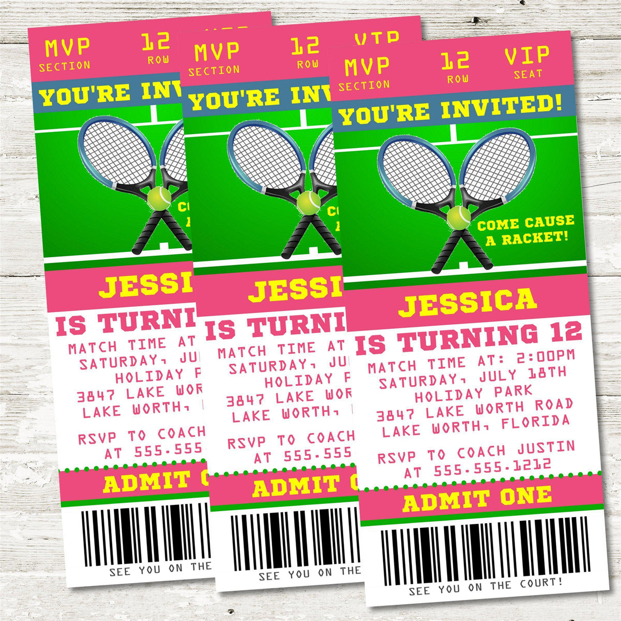 Tennis ticket invitation featuring crossed tennis rackets and tennis ball artwork