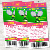 Tennis ticket invitation featuring crossed tennis rackets and tennis ball artwork