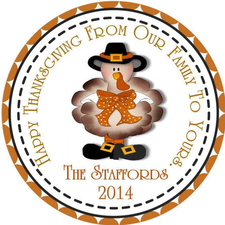 Thanksgiving pilgrim turkey sticker with fall colors and family name