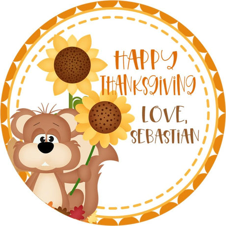 Thanksgiving sticker featuring squirrel holding sunflower with fall color palette