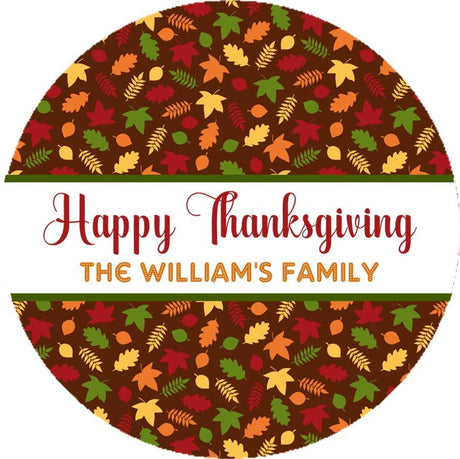 Thanksgiving sticker with autumn leaves pattern background