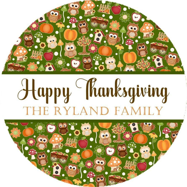 Thanksgiving sticker with woodland owl fall pattern