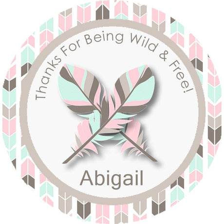 Tribal feathers birthday label in mint, blush, and taupe